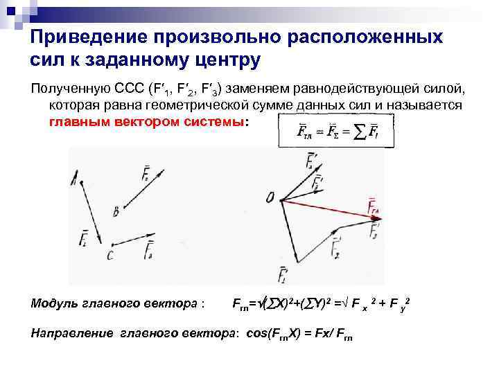 Приведение произвольно расположенных сил к заданному центру Полученную ССС (F′ 1, F′ 2, F′
