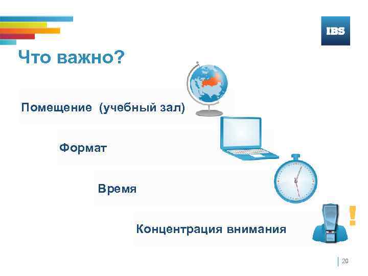 Что важно? Помещение (учебный зал) Формат Время Концентрация внимания 20 