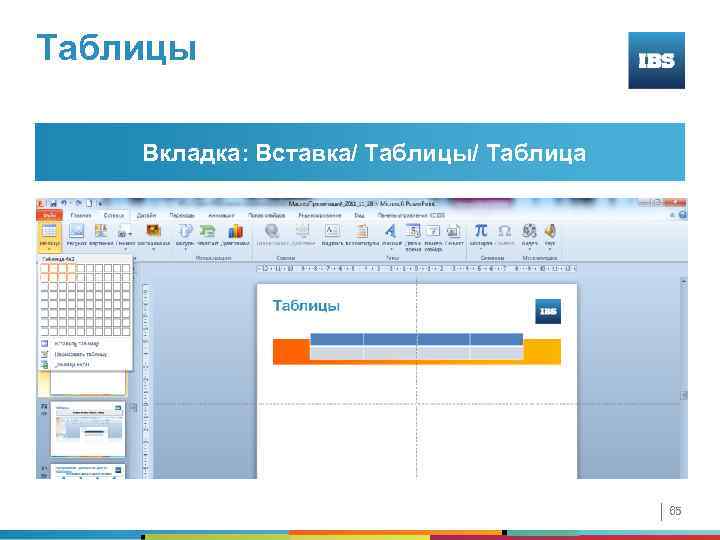 Таблицы Вкладка: Вставка/ Таблицы/ Таблица 65 