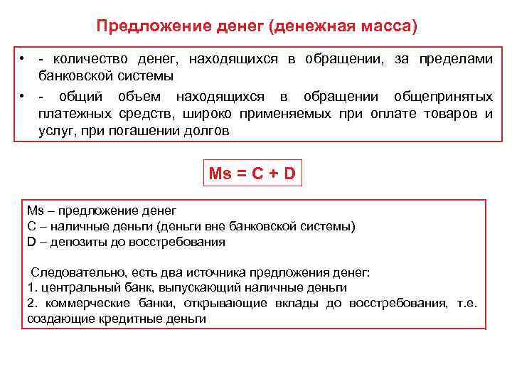 Денежная масса и денежная база конспект. Предложение денег. Предложение денежной массы.