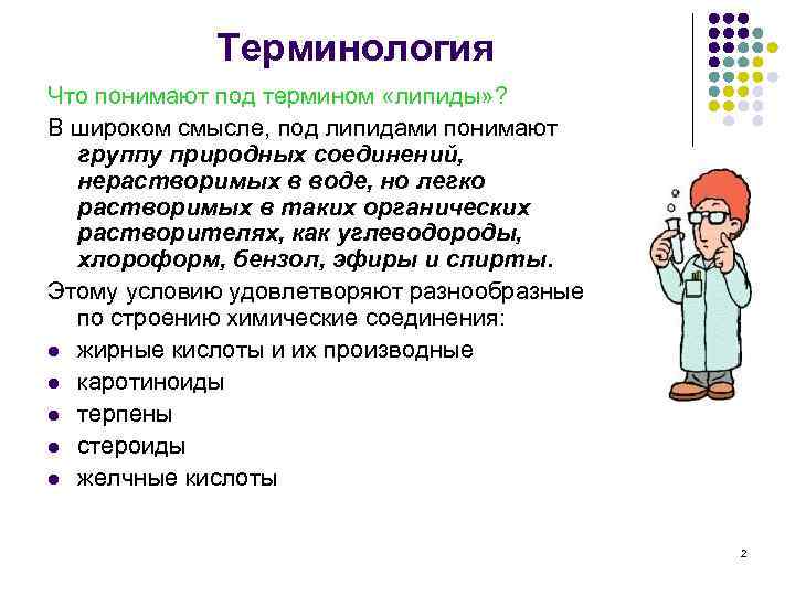 Терминология Что понимают под термином «липиды» ? В широком смысле, под липидами понимают группу