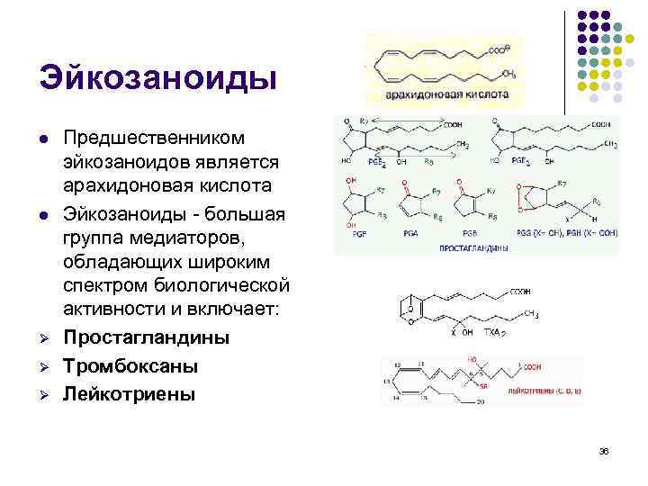 Эйкозаноиды l l Ø Ø Ø Предшественником эйкозаноидов является арахидоновая кислота Эйкозаноиды - большая
