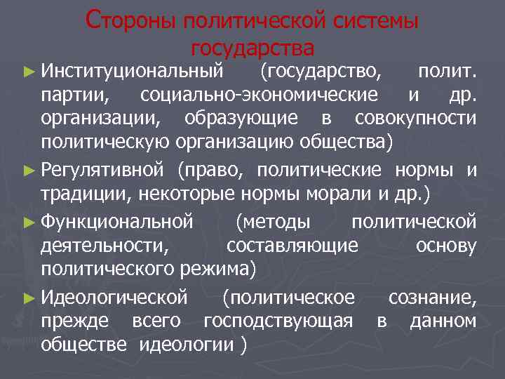 Стороны политической системы государства ► Институциональный (государство, полит. партии, социально-экономические и др. организации, образующие