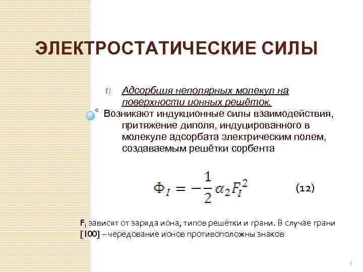 ЭЛЕКТРОСТАТИЧЕСКИЕ СИЛЫ Адсорбция неполярных молекул на поверхности ионных решёток. Возникают индукционные силы взаимодействия, притяжение