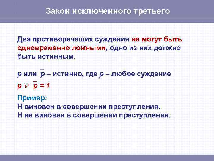 Закон исключенного третьего Два противоречащих суждения не могут быть одновременно ложными, одно из них