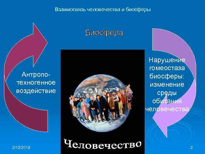 Взаимосвязь человечества и биосферы Антропотехногенное воздействие 2/12/2018 Нарушение гомеостаза биосферы: изменение среды обитания человечества