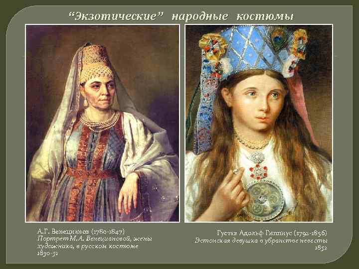 “Экзотические” народные костюмы А. Г. Венецианов (1780 -1847) Портрет М. А. Венециановой, жены художника,