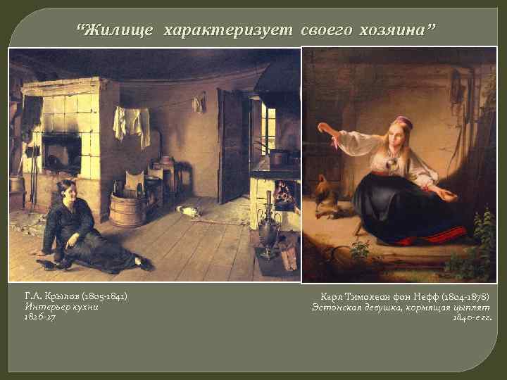 “Жилище характеризует своего хозяина” Г. А. Крылов (1805 -1841) Интерьер кухни 1826 -27 Карл