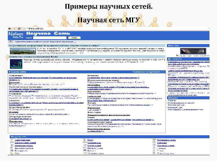 Примеры научных сетей. Научная сеть МГУ 