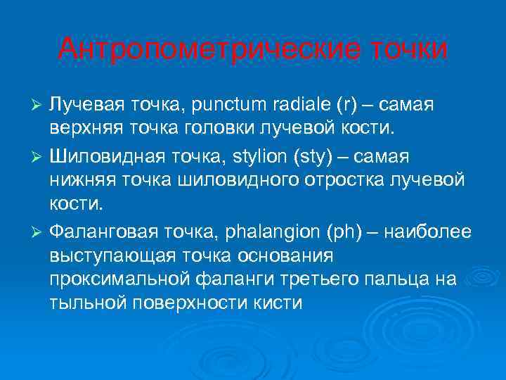 Антропометрические точки Лучевая точка, punctum radiale (r) – самая верхняя точка головки лучевой кости.