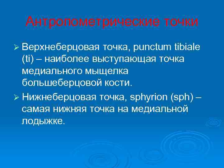 Антропометрические точки Ø Верхнеберцовая точка, punctum tibiale (ti) – наиболее выступающая точка медиального мыщелка