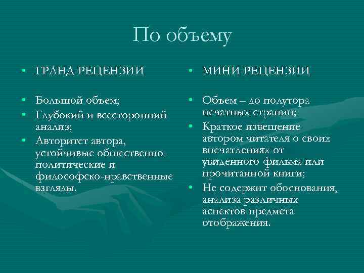 По объему • ГРАНД-РЕЦЕНЗИИ • МИНИ-РЕЦЕНЗИИ • Большой объем; • Глубокий и всесторонний анализ;