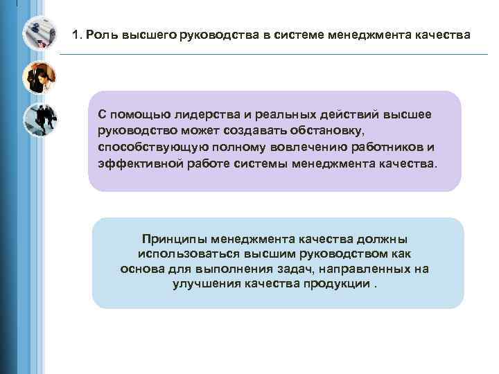 1. Роль высшего руководства в системе менеджмента качества С помощью лидерства и реальных действий