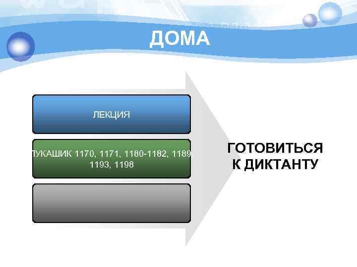 ДОМА ЛЕКЦИЯ ЛУКАШИК 1170, 1171, 1180 -1182, 1189, 1193, 1198 ГОТОВИТЬСЯ К ДИКТАНТУ 