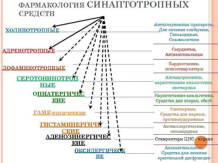 ФАРМАКОЛОГИЯ СИНАПТОТРОПНЫХ СРЕДСТВ Антиглаукомные препараты, Для лечения слабоумия, Гипоацидные, Спазмолитики ХОЛИНОТРОПНЫЕ АДРЕНОТРОПНЫЕ Сосудистые, Антиангинальные