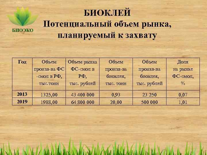 БИОКЛЕЙ Потенциальный объем рынка, планируемый к захвату Год 2013 2019 Объем рынка произв-ва ФС