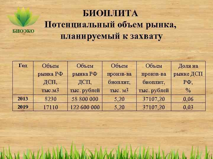 БИОПЛИТА Потенциальный объем рынка, планируемый к захвату Год 2013 2019 Объем рынка РФ ДСП,