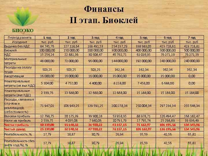 Финансы II этап. Биоклей Период расчета Исходные Выручка без НДС Биоклей НДС Материальные затраты