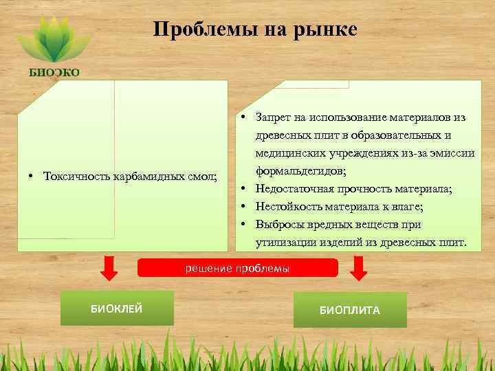 Проблемы на рынке • Токсичность карбамидных смол; • Запрет на использование материалов из древесных