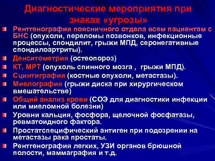 Диагностические мероприятия при знаках «угрозы» Рентгенография поясничного отдела всем пациентам с БНС (опухоли, переломы