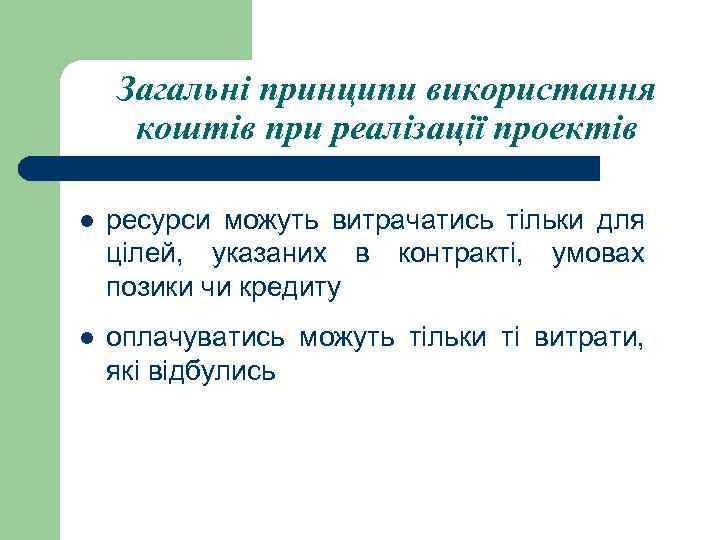 Загальні принципи використання коштів при реалізації проектів l ресурси можуть витрачатись тільки для цілей,