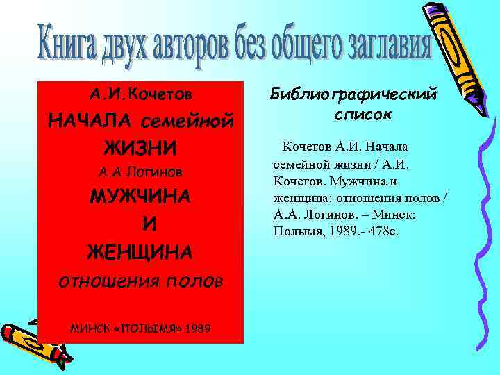 А. И. Кочетов НАЧАЛА семейной ЖИЗНИ А. А Логинов МУЖЧИНА И ЖЕНЩИНА отношения полов