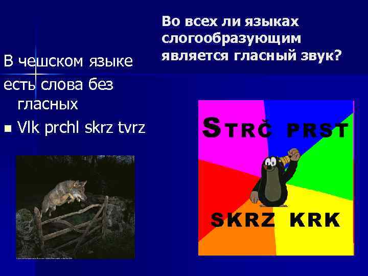 В чешском языке есть слова без гласных n Vlk prchl skrz tvrz Во всех