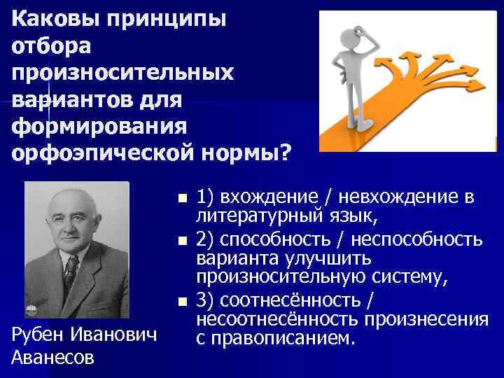 Каковы принципы отбора произносительных вариантов для формирования орфоэпической нормы? n n n Рубен Иванович