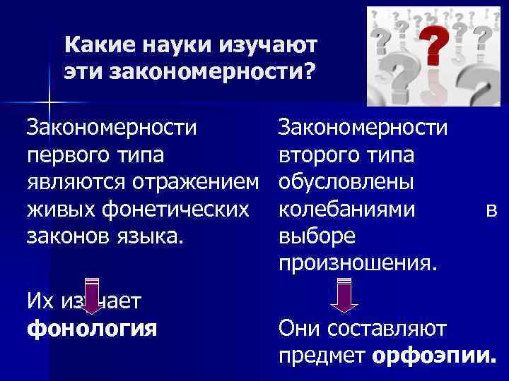 Какие науки изучают эти закономерности? Закономерности первого типа являются отражением живых фонетических законов языка.