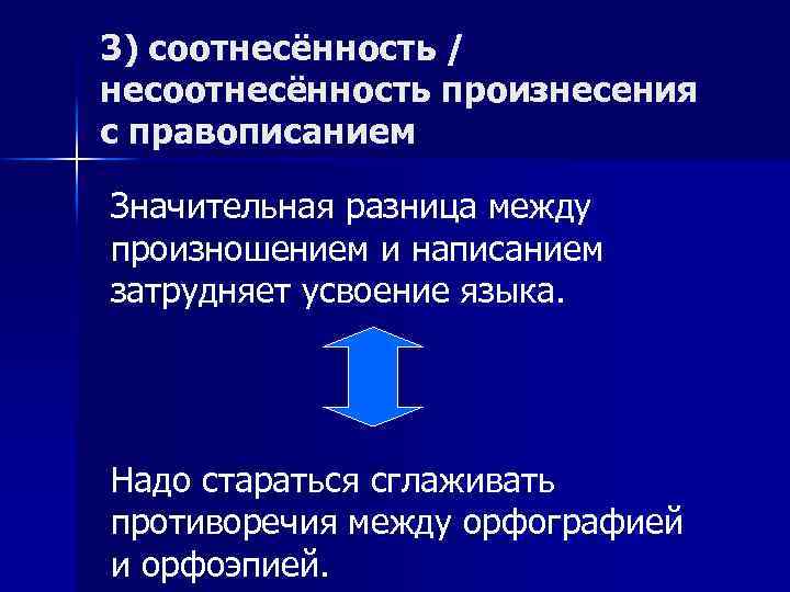 3) соотнесённость / несоотнесённость произнесения с правописанием Значительная разница между произношением и написанием затрудняет