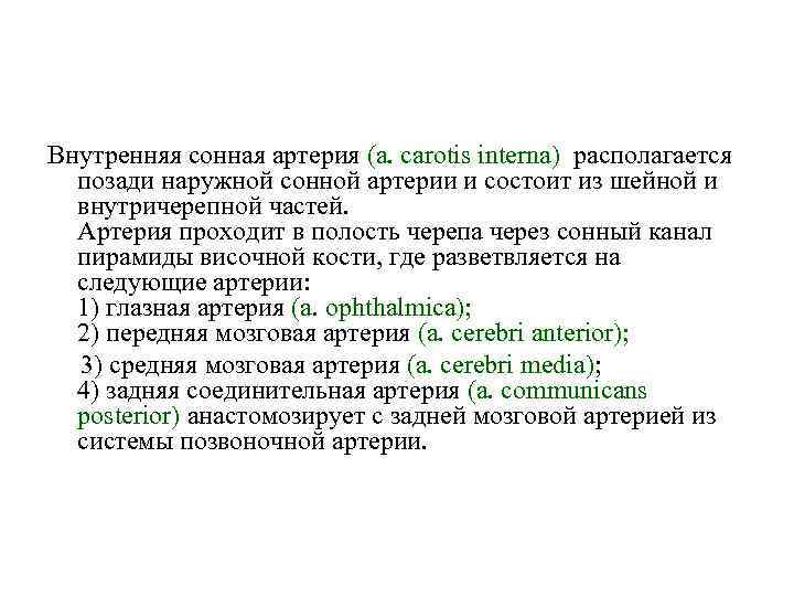 Внутренняя сонная артерия (a. carotis interna) располагается позади наружной сонной артерии и состоит из