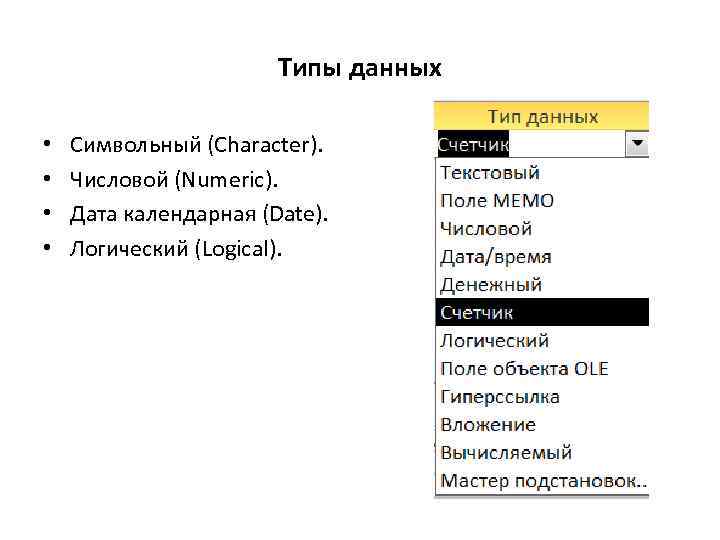 Типы данных • • Символьный (Character). Числовой (Numeric). Дата календарная (Date). Логический (Logical). 