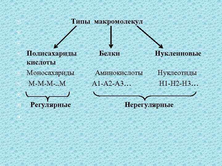  Типы макромолекул Полисахариды Белки Нуклеиновые кислоты Моносахариды Аминокислоты Нуклеотиды М-М-М-. . М А