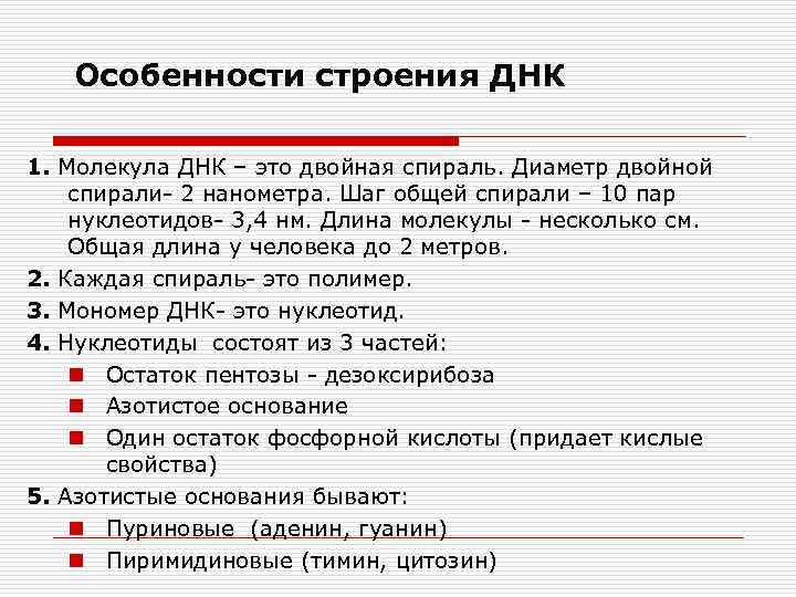  Особенности строения ДНК 1. Молекула ДНК – это двойная спираль. Диаметр двойной спирали-