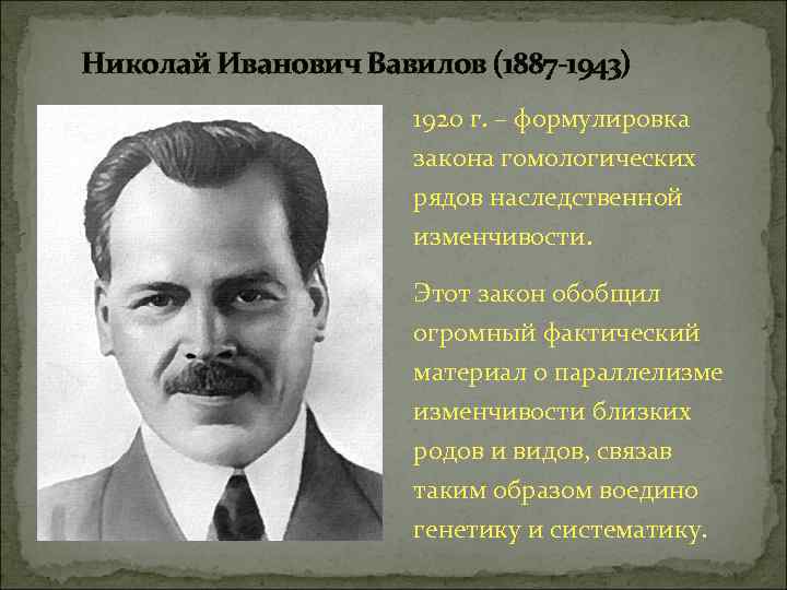 Николай Иванович Вавилов (1887 -1943) 1920 г. – формулировка закона гомологических рядов наследственной изменчивости.