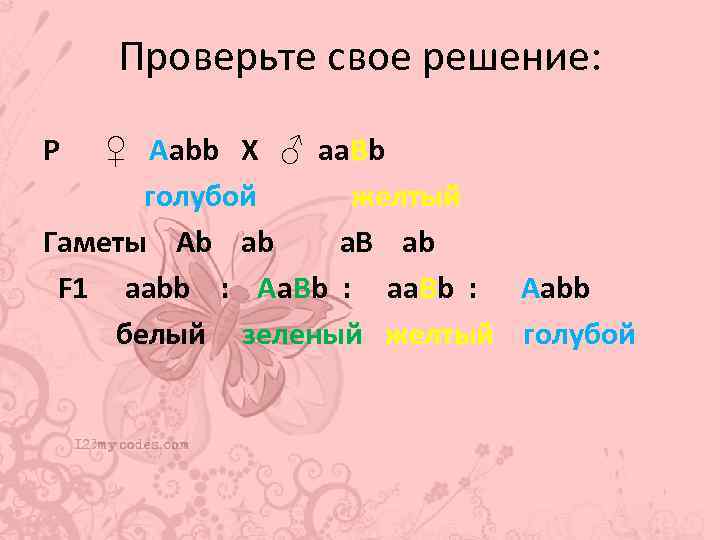 Проверьте свое решение: Р ♀ Aabb Х ♂ aa. Bb голубой желтый Гаметы Ab