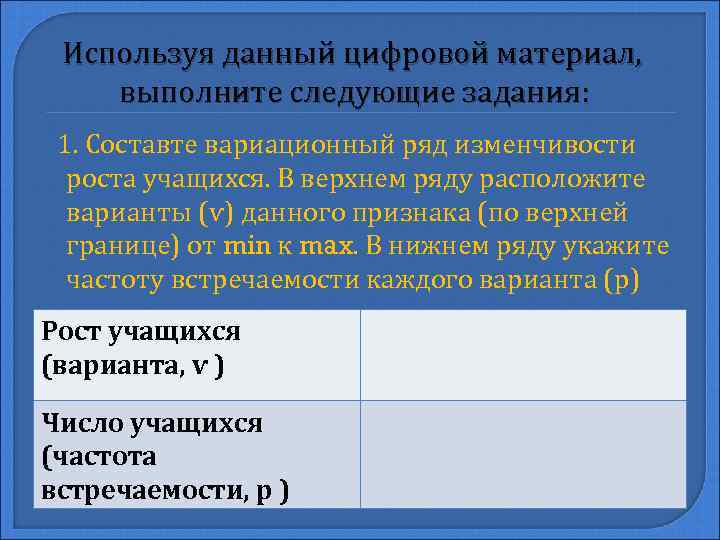 Используя данный цифровой материал, выполните следующие задания: 1. Составте вариационный ряд изменчивости роста учащихся.