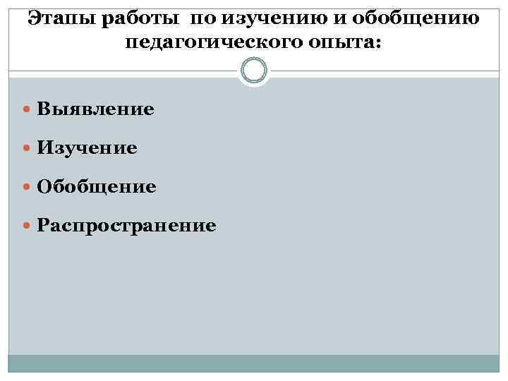 Этапы работы по изучению и обобщению педагогического опыта: Выявление Изучение Обобщение Распространение 