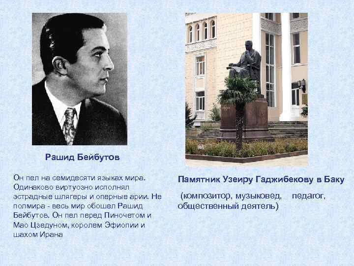  Рашид Бейбутов Он пел на семидесяти языках мира. Одинаково виртуозно исполнял эстрадные шлягеры