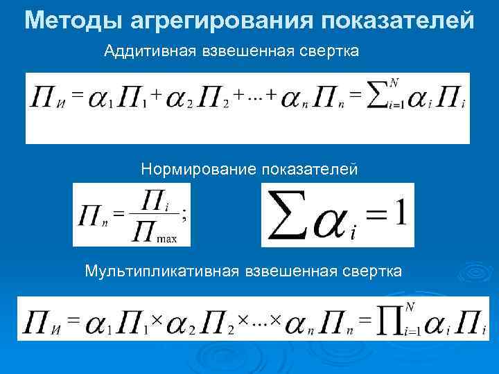 Методы агрегирования показателей Аддитивная взвешенная свертка Нормирование показателей Мультипликативная взвешенная свертка 