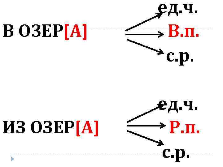 В ОЗЕР[А] ед. ч. В. п. с. р. ИЗ ОЗЕР[А] ед. ч. Р. п.