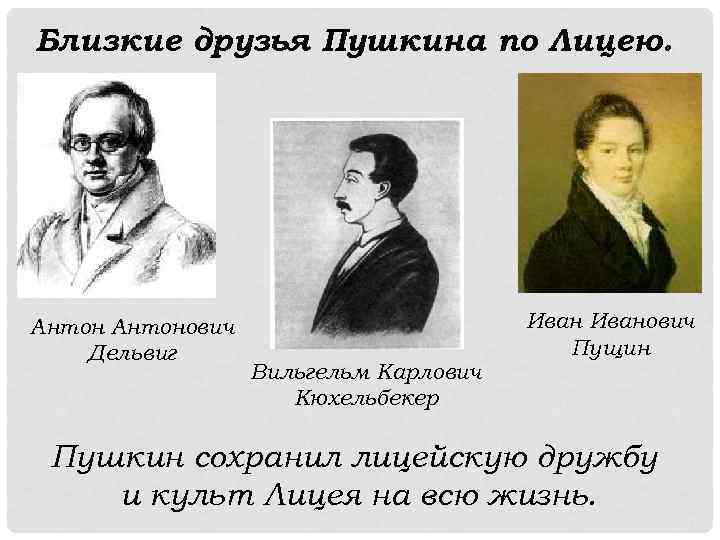 Близкие друзья Пушкина по Лицею. Антонович Дельвиг Вильгельм Карлович Кюхельбекер Иванович Пущин Пушкин сохранил