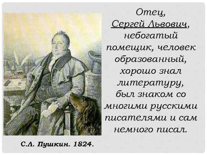 Отец, Сергей Львович, небогатый помещик, человек образованный, хорошо знал литературу, был знаком со многими