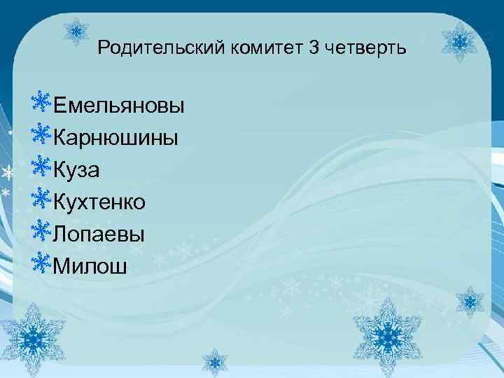 Родительский комитет 3 четверть Емельяновы Карнюшины Куза Кухтенко Лопаевы Милош 