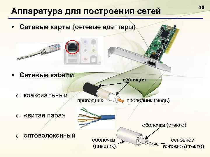 30 Аппаратура для построения сетей • Сетевые карты (сетевые адаптеры) • Сетевые кабели o