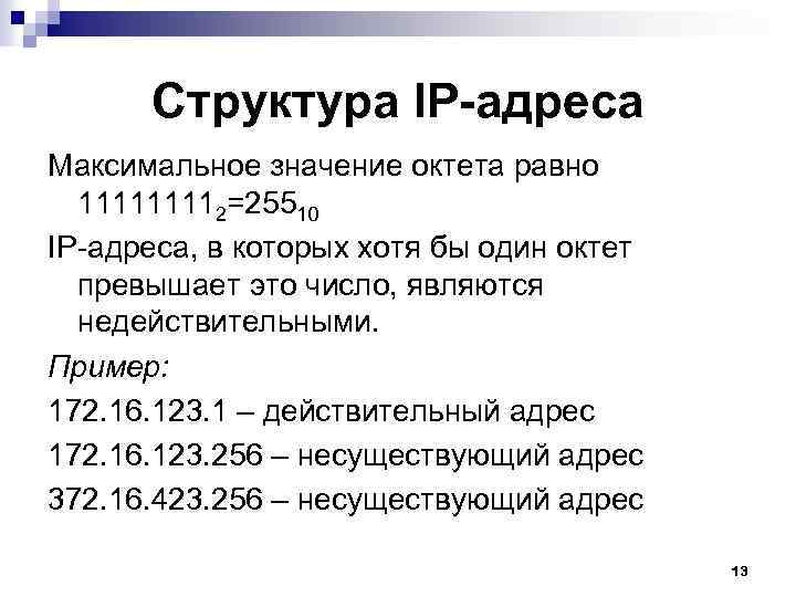 Структура IP-адреса Максимальное значение октета равно 11112=25510 IP-адреса, в которых хотя бы один октет