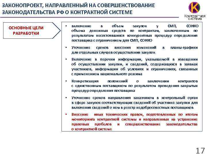 ЗАКОНОПРОЕКТ, НАПРАВЛЕННЫЙ НА СОВЕРШЕНСТВОВАНИЕ ЗАКОНОДАТЕЛЬСТВА РФ О КОНТРАКТНОЙ СИСТЕМЕ ОСНОВНЫЕ ЦЕЛИ РАЗРАБОТКИ • включение