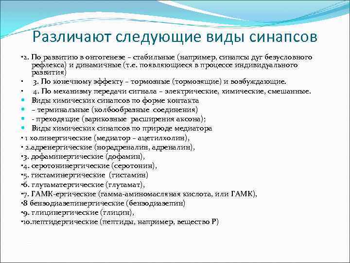 Различают следующие виды синапсов • 2. По развитию в онтогенезе – стабильные (например, синапсы
