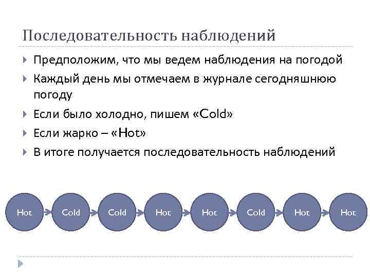 Последовательность наблюдений Hot Предположим, что мы ведем наблюдения на погодой Каждый день мы отмечаем