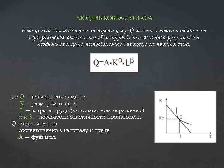 МОДЕЛЬ КОББА-ДУГЛАСА совокупный объем выпуска товаров и услуг Q является зависит только от двух